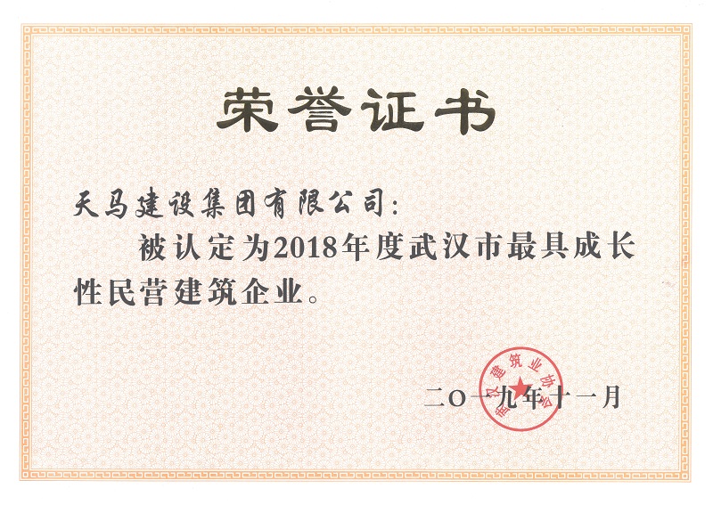 2018年度武漢市最具成長性民營建筑企業(yè)（獎(jiǎng)狀）